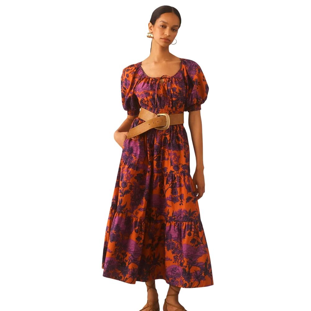 Anthropologie The Somerset Puff-Sleeve Maxi Tiered Dress Purple Floral Size L